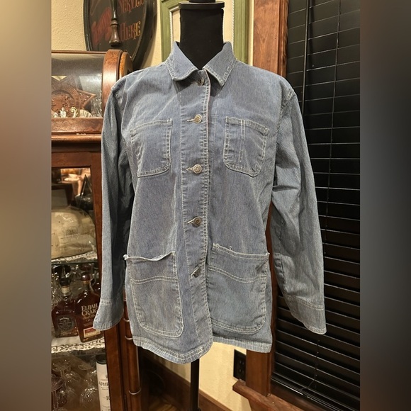 EUC Sag Harbor Sport Ladies Denim Jacket Blue White Stripe Plaid Accents Pockets - Picture 1 of 5